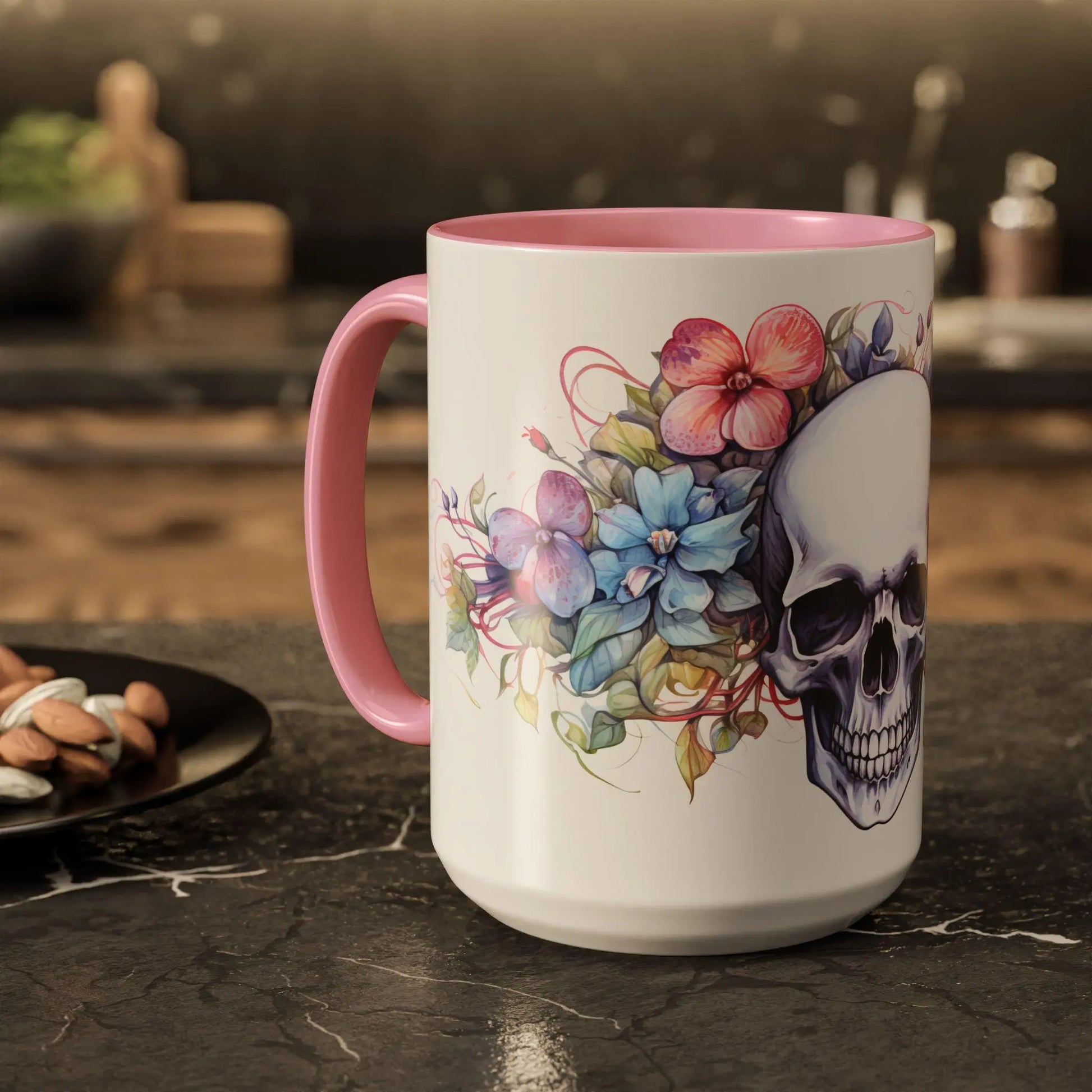 Colorful Skull Flower Coffee Mug: Gothic Floral Drinkware Rainbow Chaos Art Studio