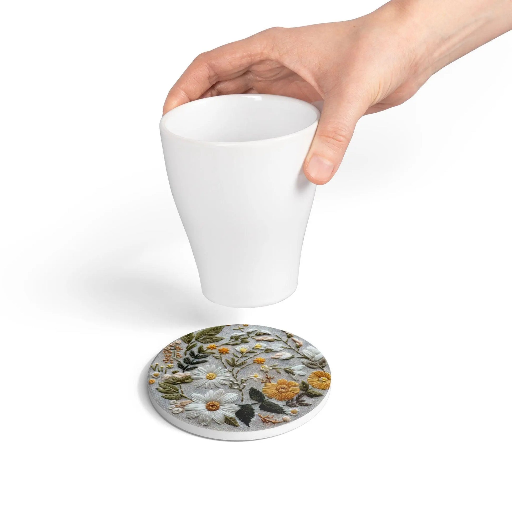 Floral Embroidered Ceramic Coaster Set: Rustic Home Decor Rainbow Chaos Art Studio