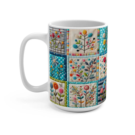 Floral Quilted Coffee Mug: Whimsical Garden Ceramic Tea Cup Rainbow Chaos Art Studio