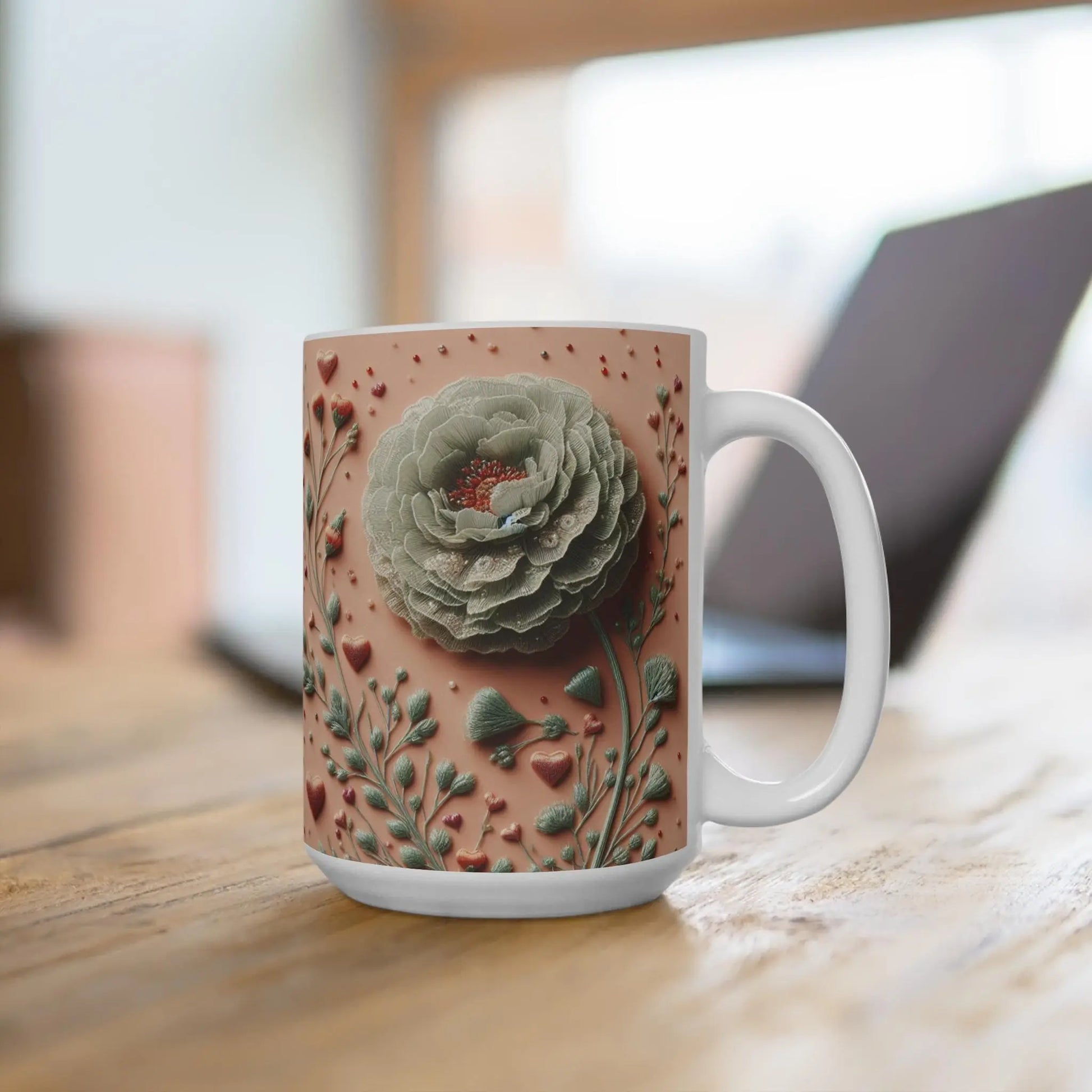 Romantic Floral Coffee Mug: 15oz Ceramic Cup, Valentine's Gift Rainbow Chaos Art Studio