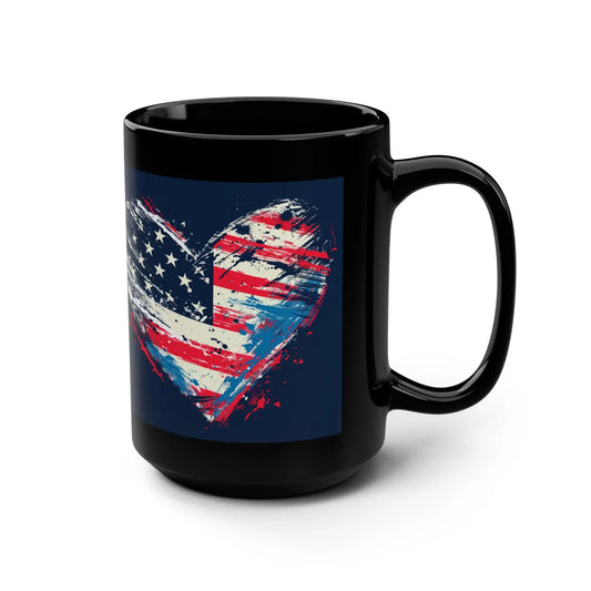 Patriotic Heart Mug: 15oz Black Coffee Cup, USA Flag Design Rainbow Chaos Art Studio