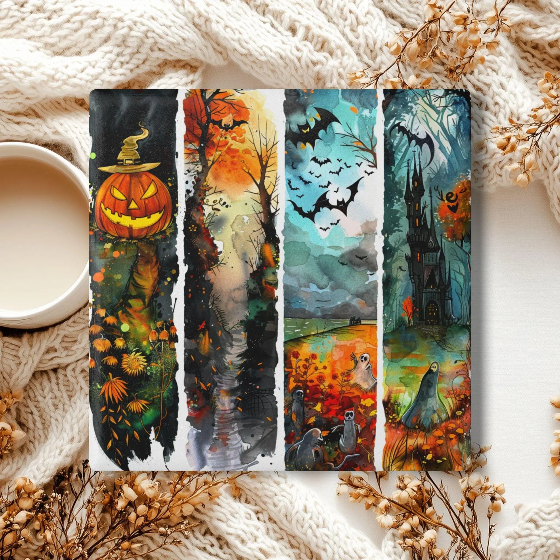 Halloween Ceramic Coaster Set: Spooky Fall Home Decor Rainbow Chaos Art Studio