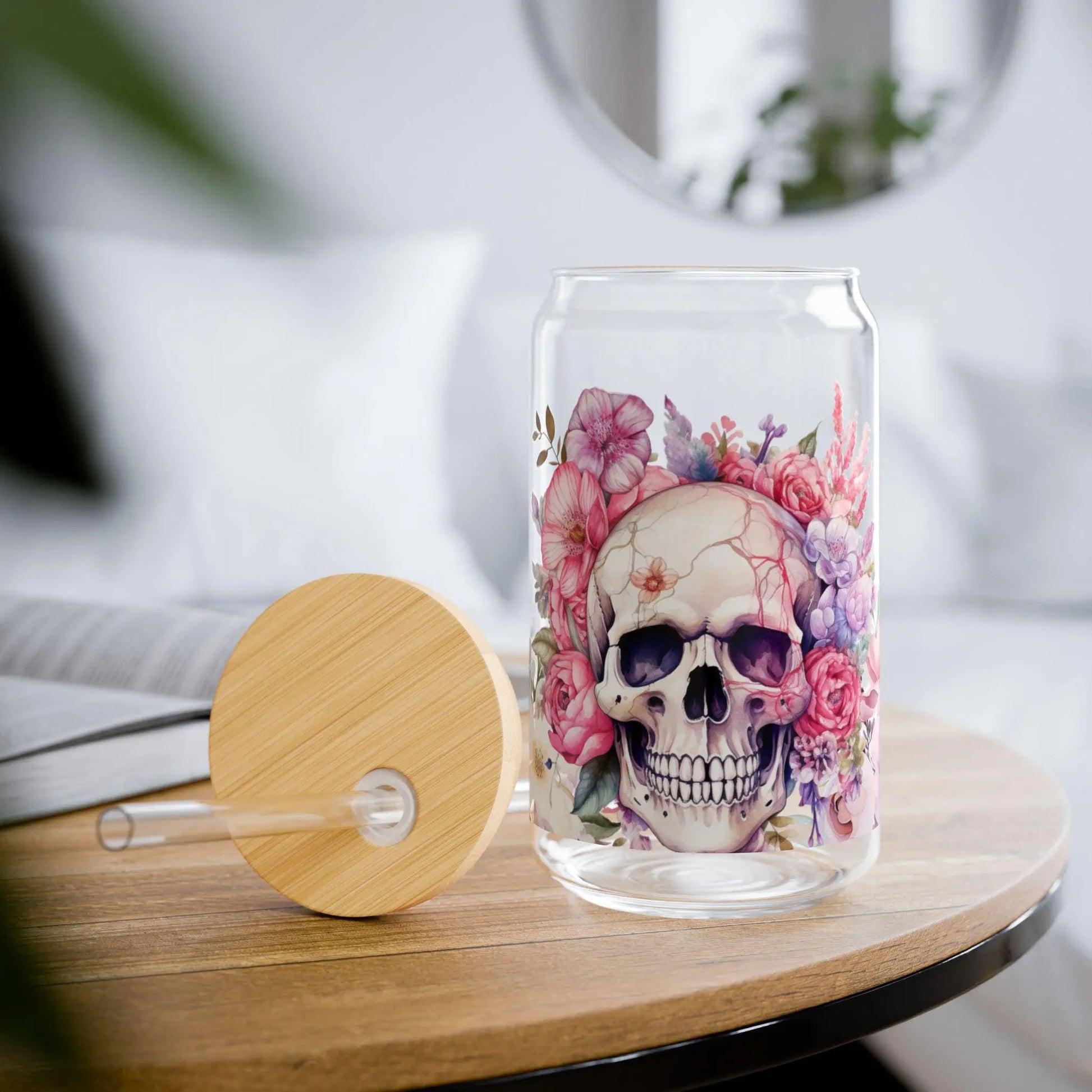 Floral Skull Sipper Glass: 16oz Reusable Drinkware Rainbow Chaos Art Studio