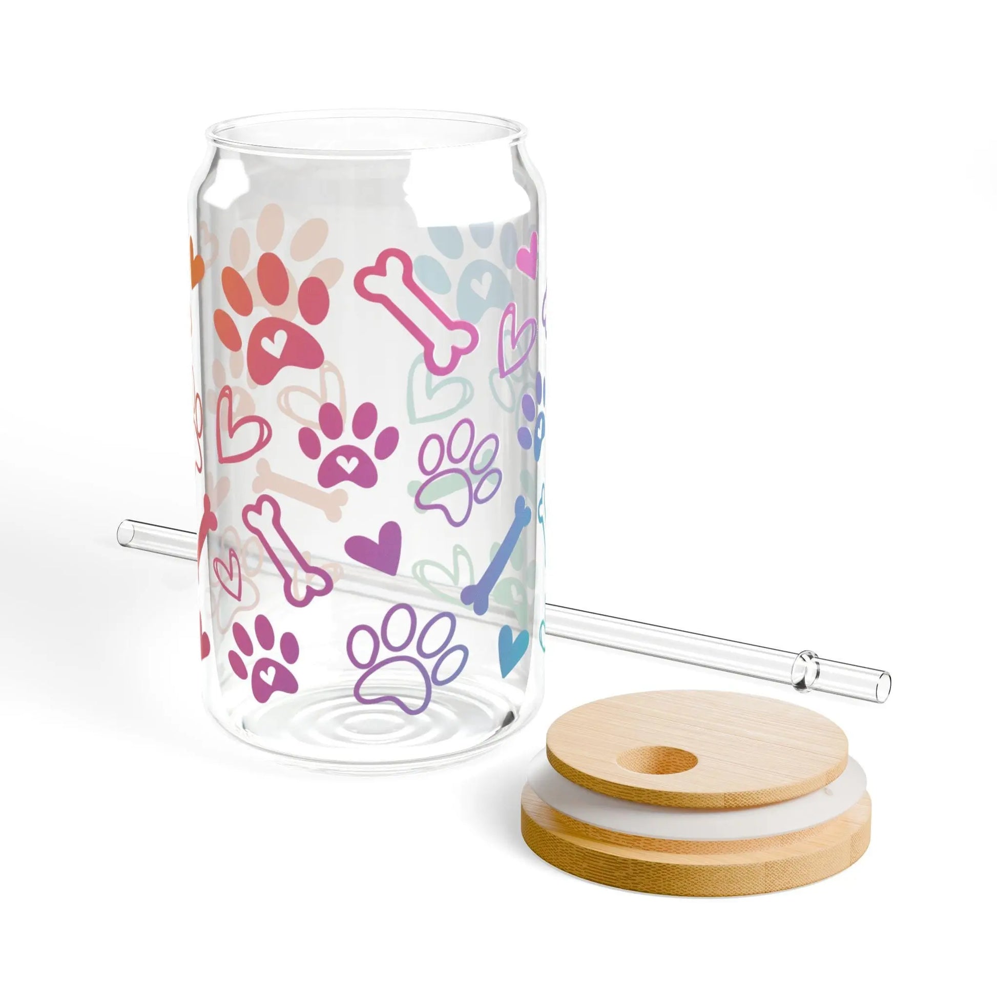 Paw Print Sipper Glass: 16oz Dog Mom Tumbler with Lid & Straw Rainbow Chaos Art Studio