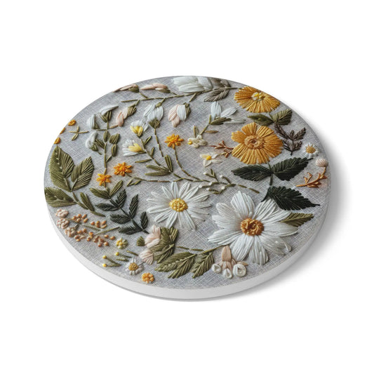 Floral Embroidered Ceramic Coaster Set: Rustic Home Decor Rainbow Chaos Art Studio