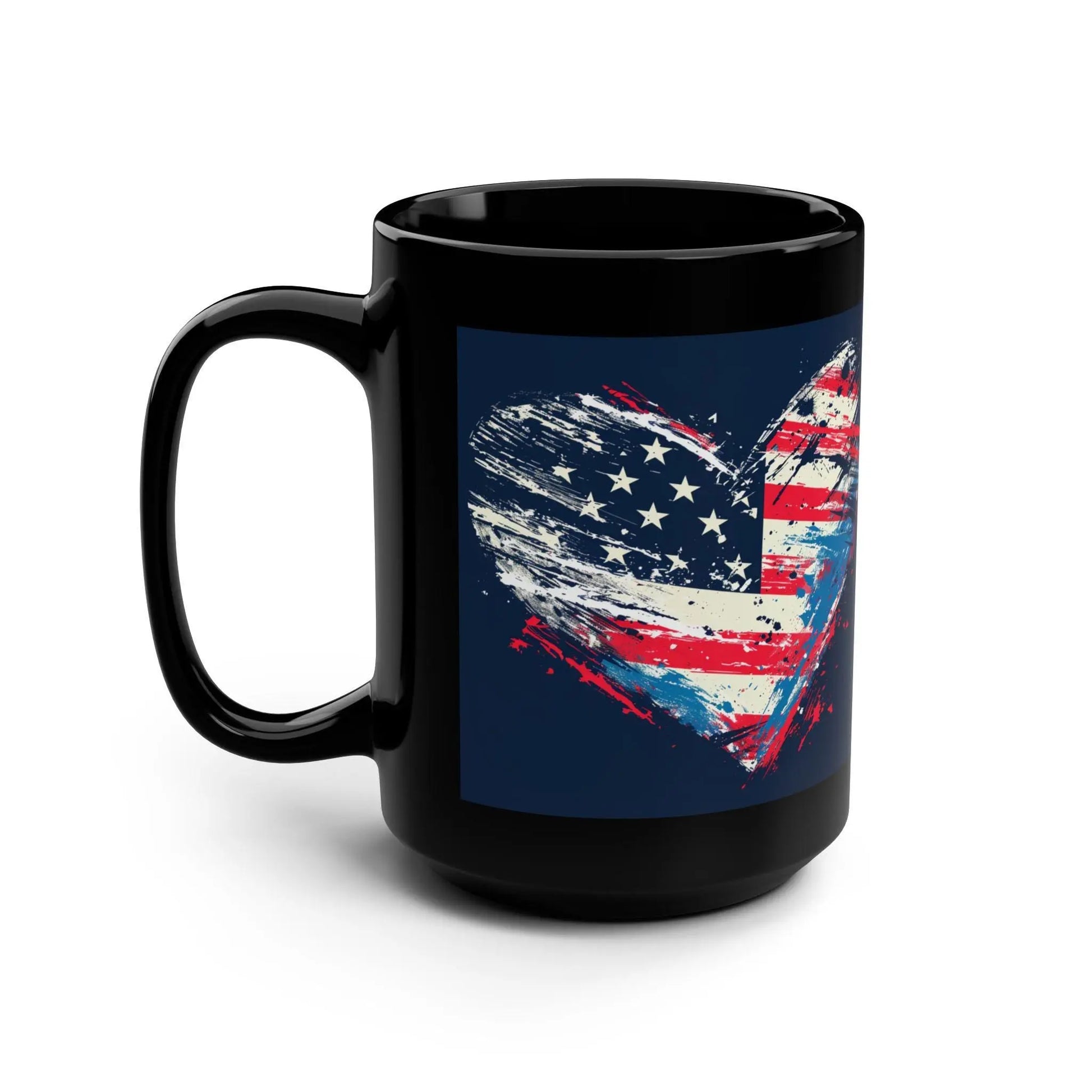 Patriotic Heart Mug: 15oz Black Coffee Cup, USA Flag Design Rainbow Chaos Art Studio
