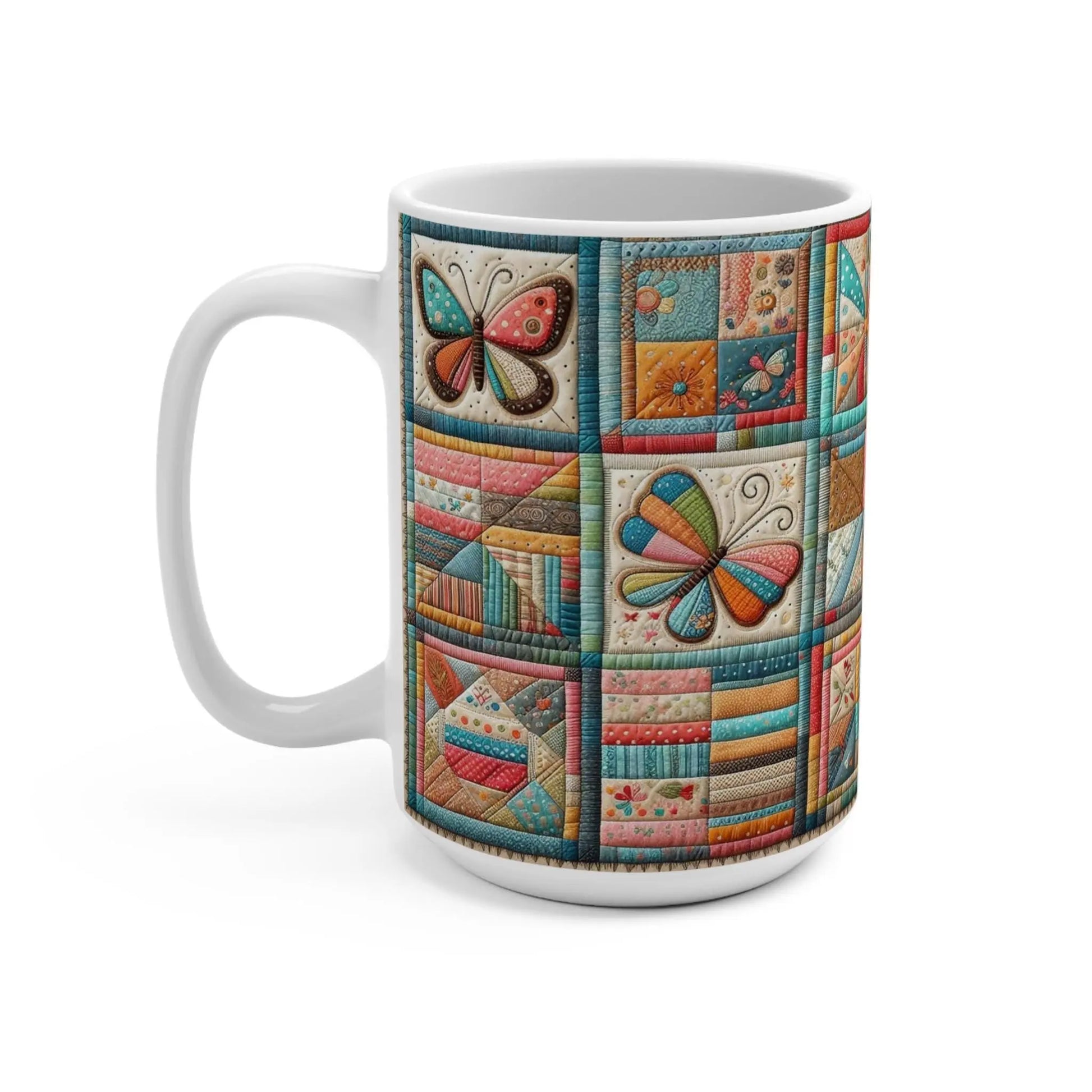 Butterfly Patchwork Mug: Colorful Quilted Ceramic Coffee Cup Rainbow Chaos Art Studio