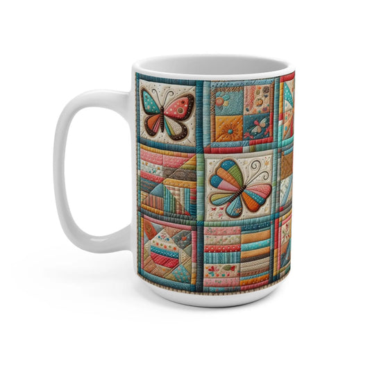 Butterfly Patchwork Mug: Colorful Quilted Ceramic Coffee Cup Rainbow Chaos Art Studio