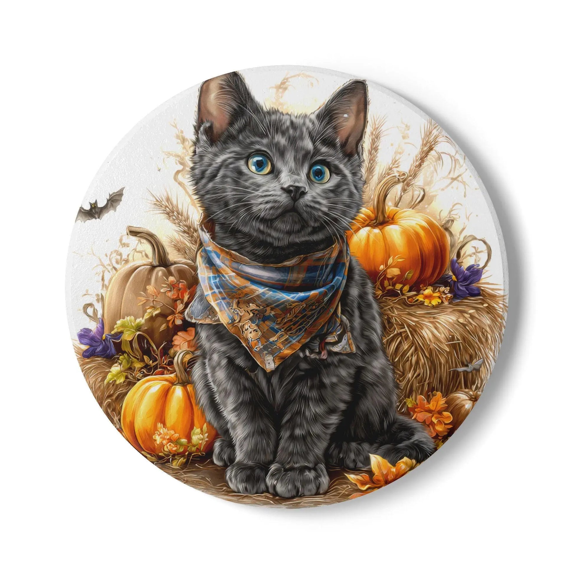 Russian Blue - Autumn Cat Ceramic Coaster | Fall Home Decor | Cute Cat Gifts | Pet Lover Coasters | Halloween Decor Rainbow Chaos Art Studio