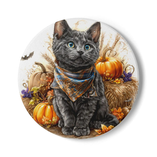 Russian Blue - Autumn Cat Ceramic Coaster | Fall Home Decor | Cute Cat Gifts | Pet Lover Coasters | Halloween Decor Rainbow Chaos Art Studio