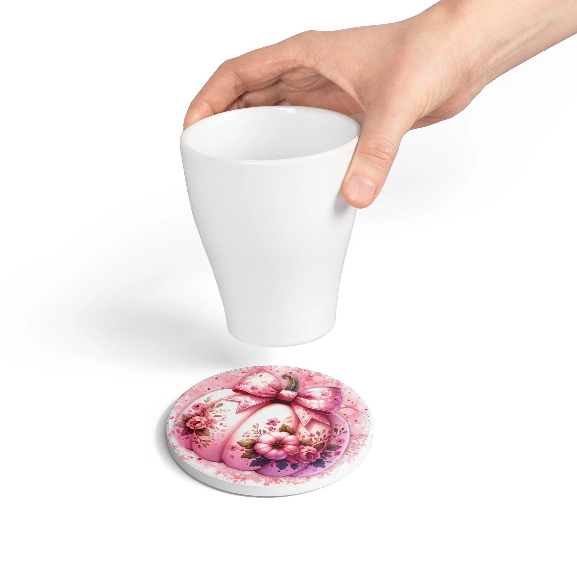 Pink Pumpkin Floral Ceramic Coaster: Fall Home Decor Rainbow Chaos Art Studio