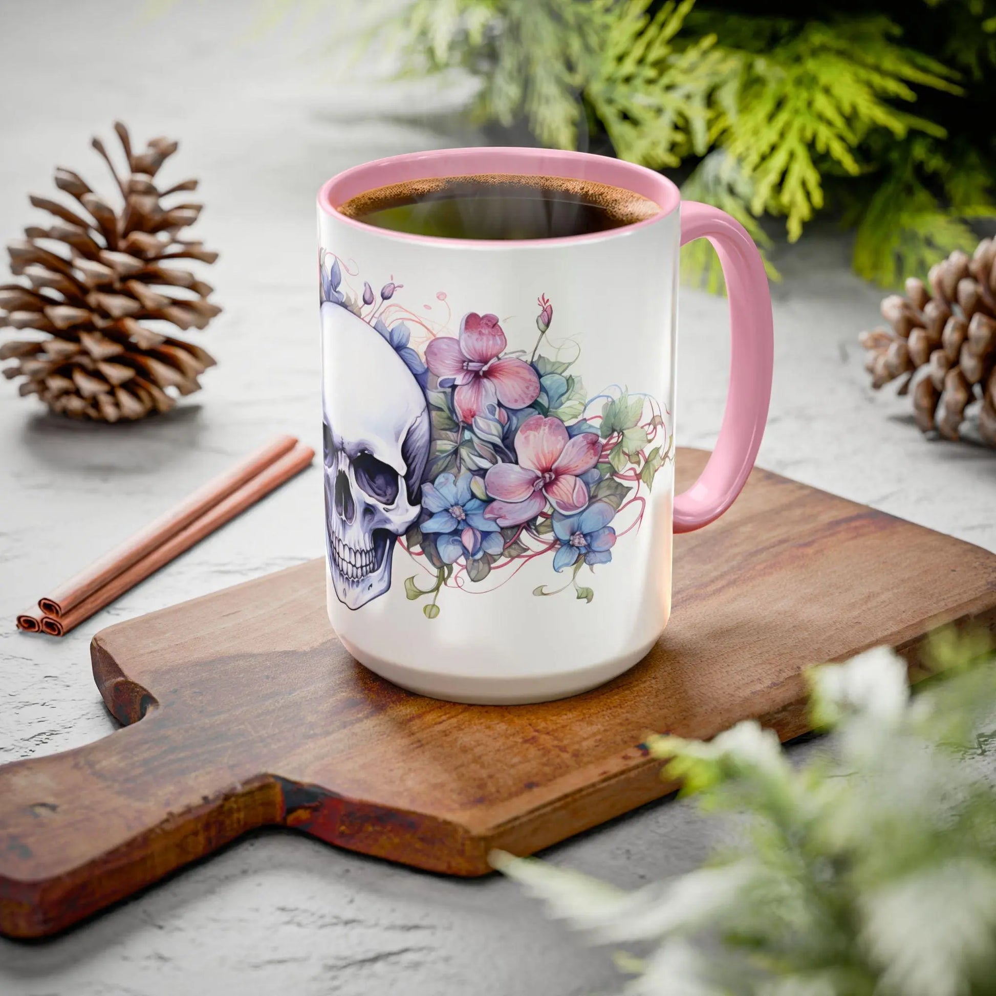 Colorful Skull Flower Coffee Mug: Gothic Floral Drinkware Rainbow Chaos Art Studio