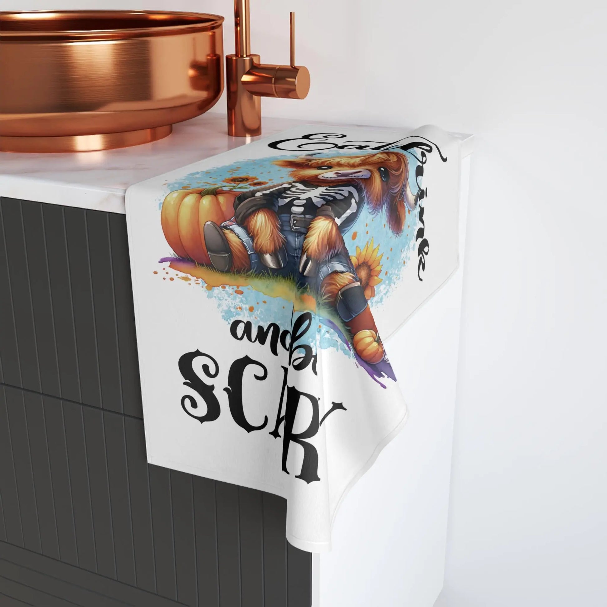 Spooky Farmhouse Halloween Hand Towel: Rustic Cow Decor Rainbow Chaos Art Studio