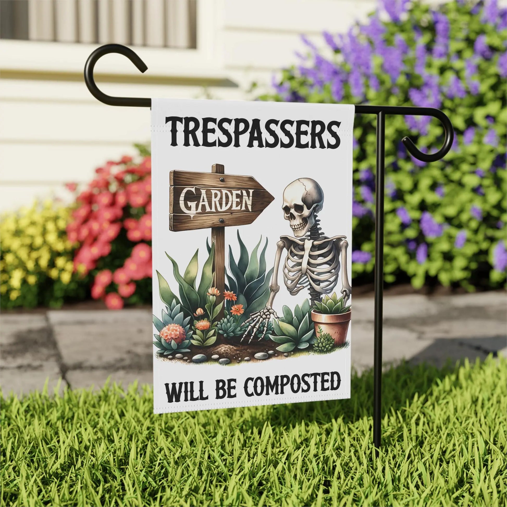 Funny Garden Banner: Trespassers Will Be Composted - Humorous Garden Decor Rainbow Chaos Art Studio