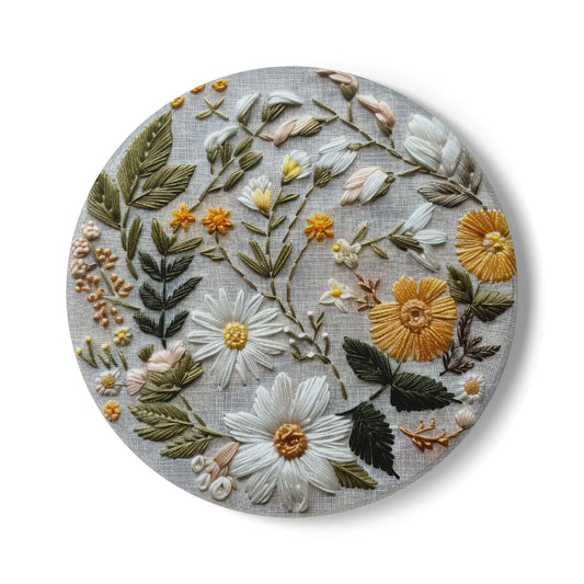 Floral Embroidered Ceramic Coaster Set: Rustic Home Decor Rainbow Chaos Art Studio