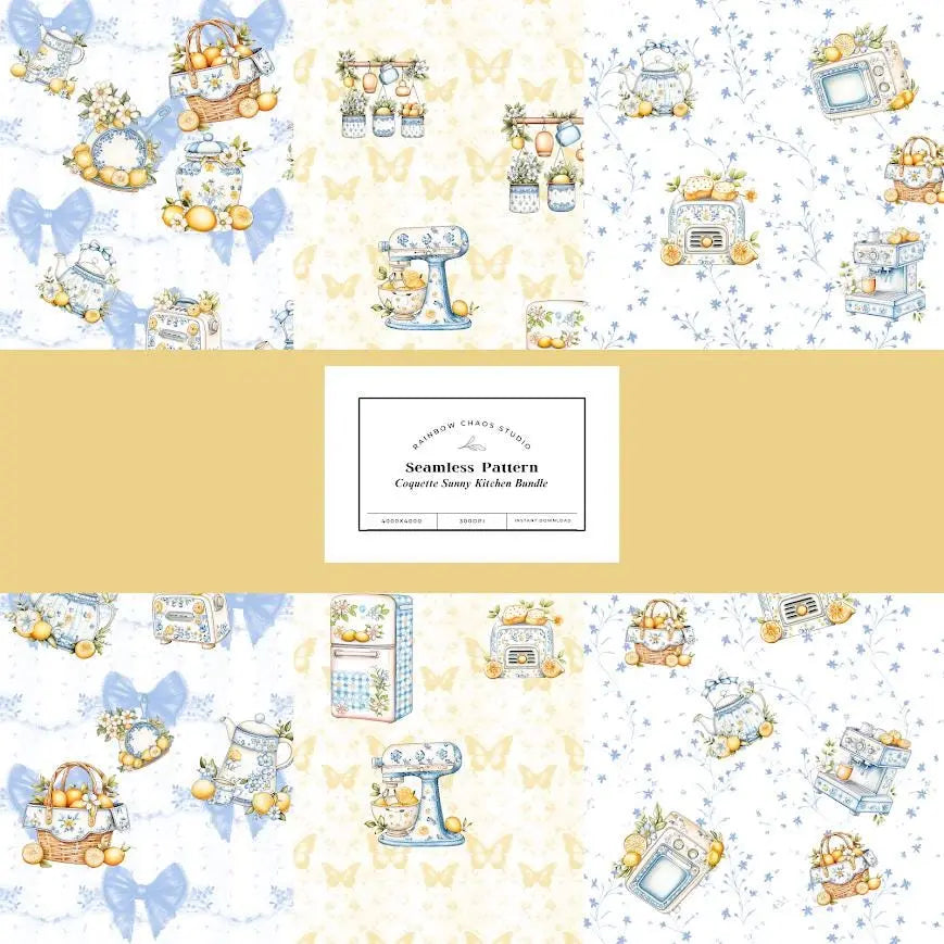 Coquette Summer Kitchen Seamless Patterns Bundle | INSTANT DOWNLOAD | Digital Paper | DIY Crafts | Cute Coquette Bows | Sunny Yellow Rainbow Chaos Art Studio