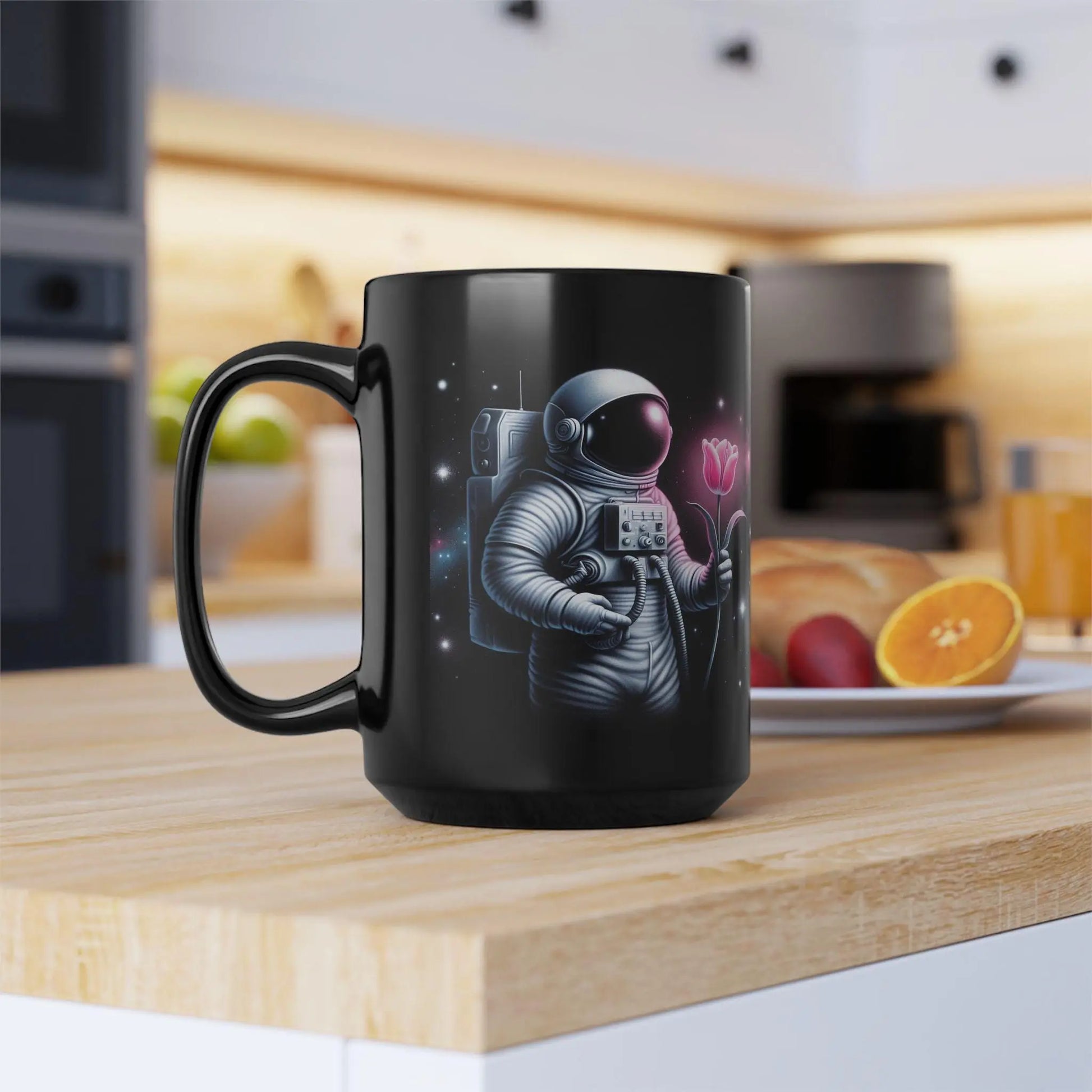 Astronaut Rose Black Mug: Space Coffee Cup, Cosmic Decor Rainbow Chaos Art Studio