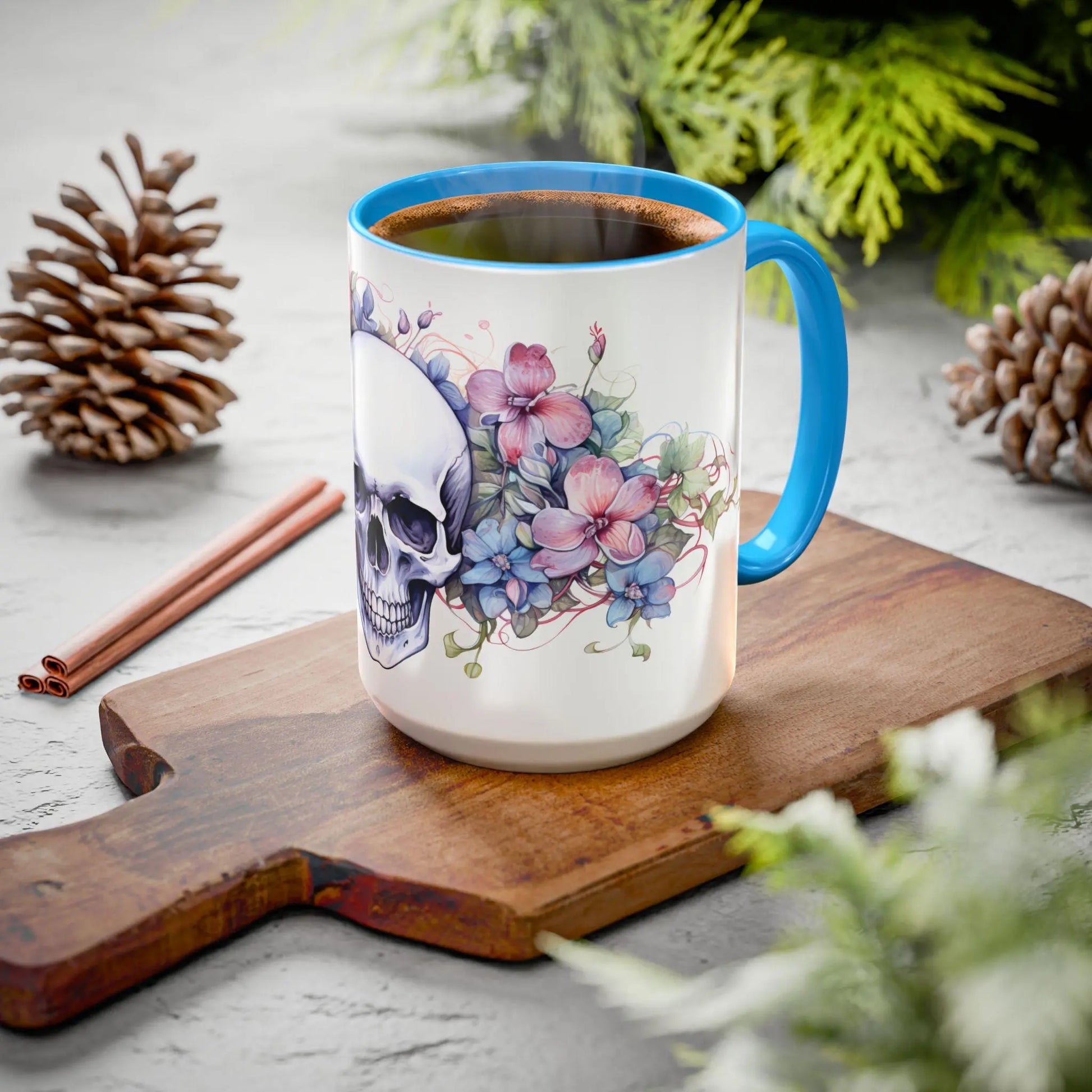 Colorful Skull Flower Coffee Mug: Gothic Floral Drinkware Rainbow Chaos Art Studio
