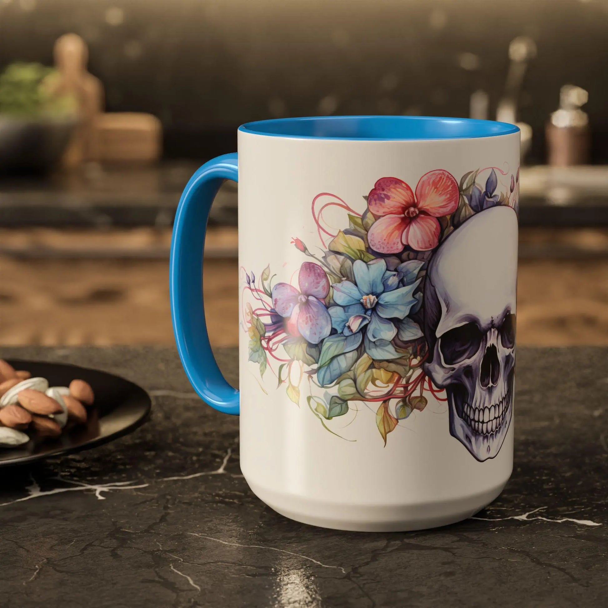 Colorful Skull Flower Coffee Mug: Gothic Floral Drinkware Rainbow Chaos Art Studio