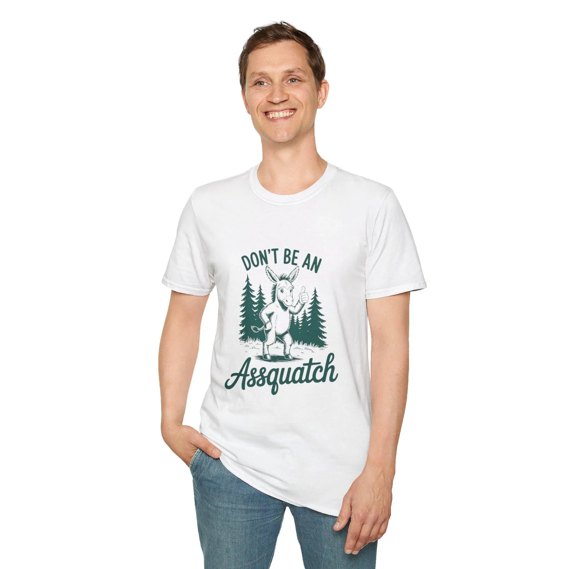 Funny "Don't Be An Assquatch" T-Shirt: Nature Lover Unisex Tee Rainbow Chaos Art Studio