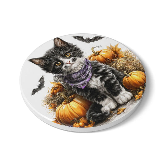 Tuxedo Cat Halloween Coaster: Ceramic Fall Decor Rainbow Chaos Art Studio