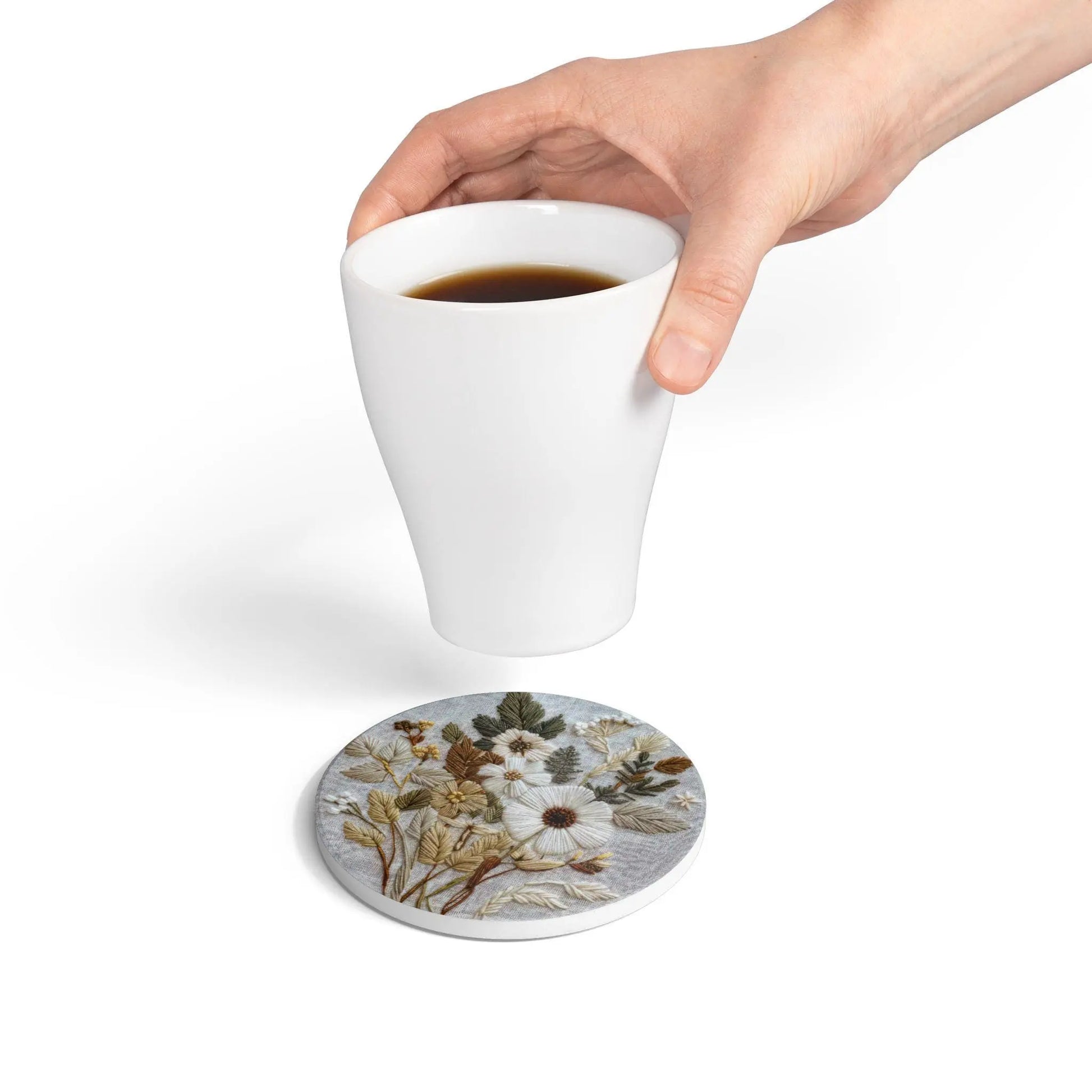 Floral Embroidered Ceramic Coaster: Boho Kitchen Decor Rainbow Chaos Art Studio