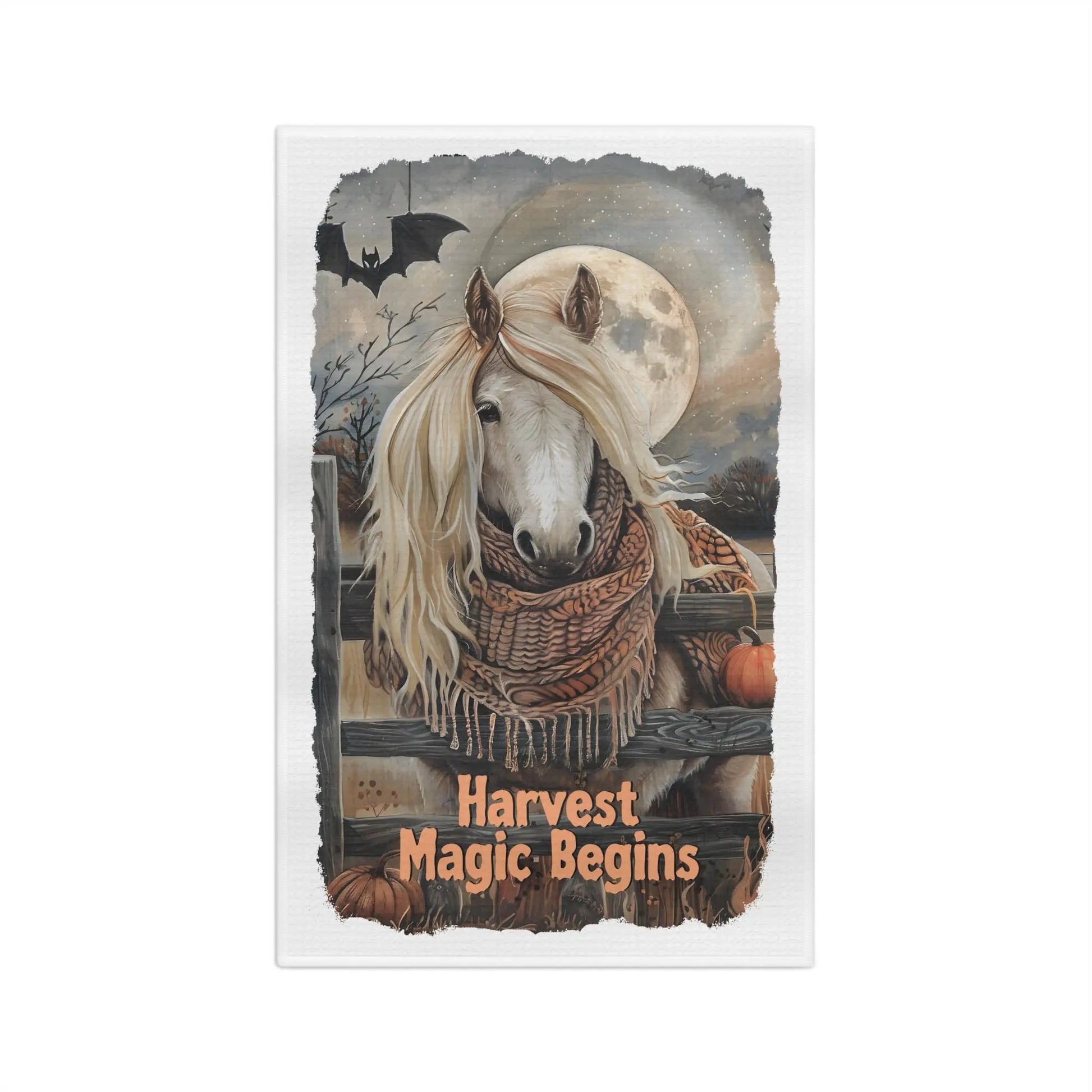 Harvest Horse Tea Towel: Autumn Kitchen Decor, Equestrian Farmhouse Style Rainbow Chaos Art Studio