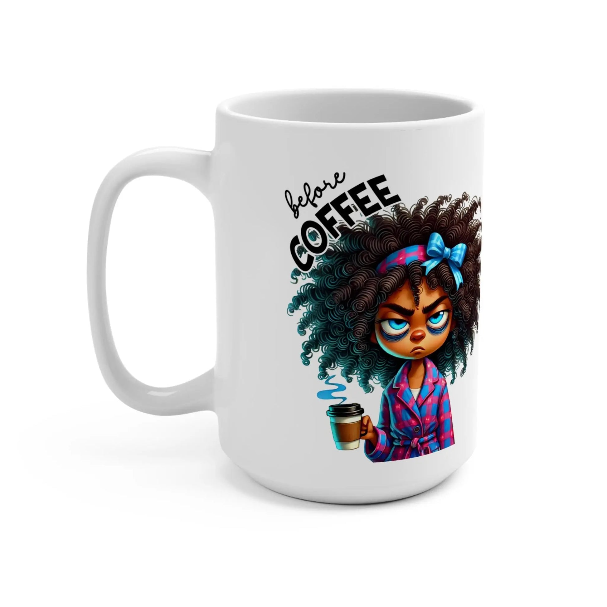 Fully Caffeinated Mug - Cute Character Coffee Cup, Gift for Coffee Lovers, Fun Drinkware, Afro-Beauty Mug, 15oz Tea Mug Rainbow Chaos Art Studio