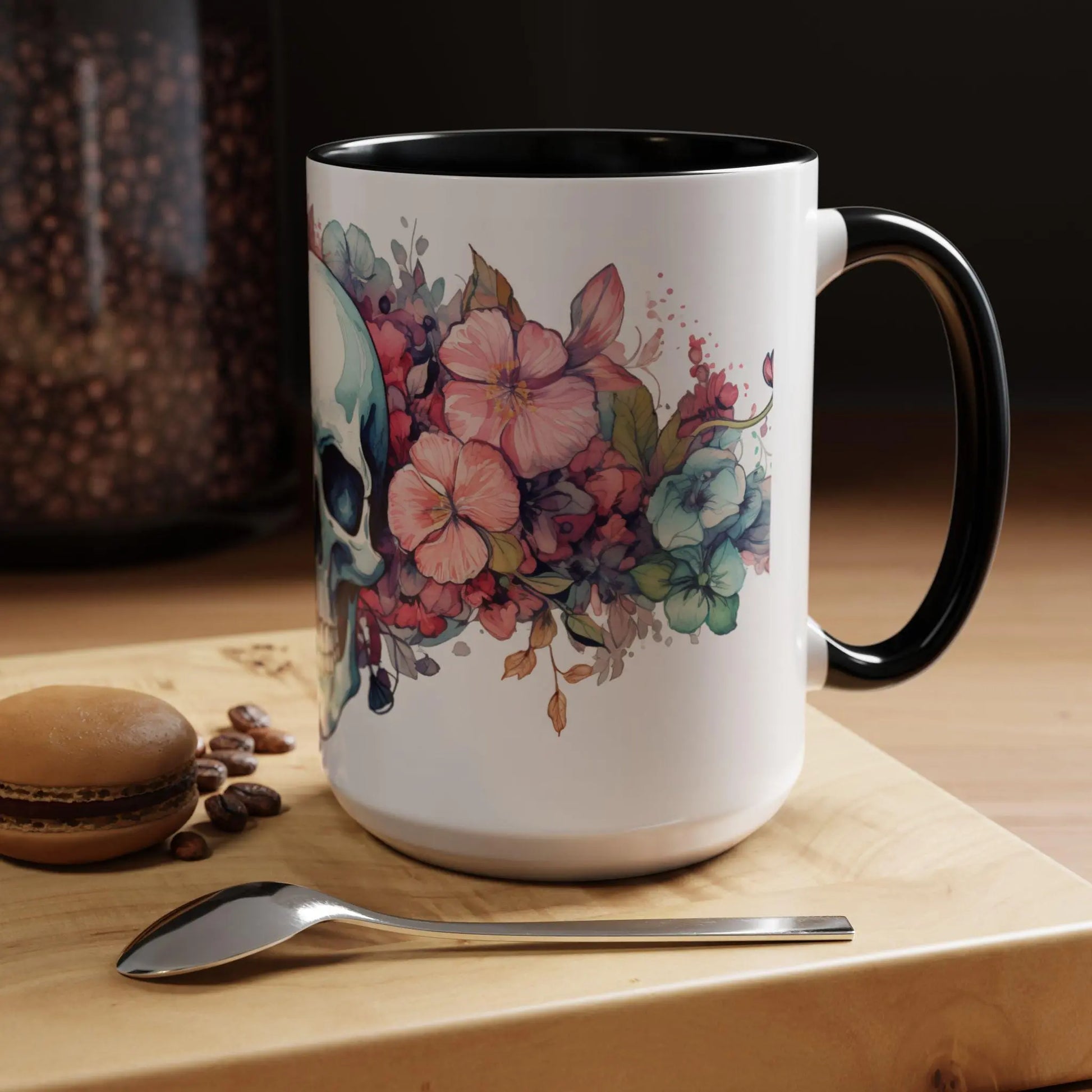 Floral Skull Coffee Mug | Unique Gift for Halloween, Day of the Dead, Skull Lovers, Artisan Coffee Drinkers Rainbow Chaos Art Studio
