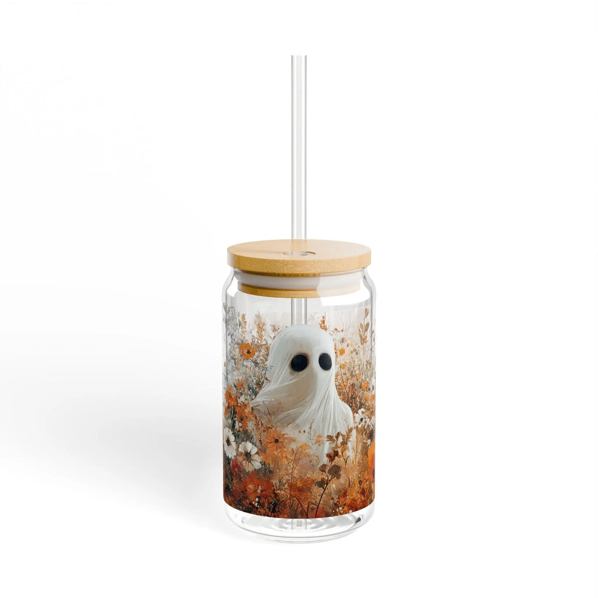 Autumn Ghost Sipper Glass with Straw: Fall Halloween Drinkware Rainbow Chaos Art Studio