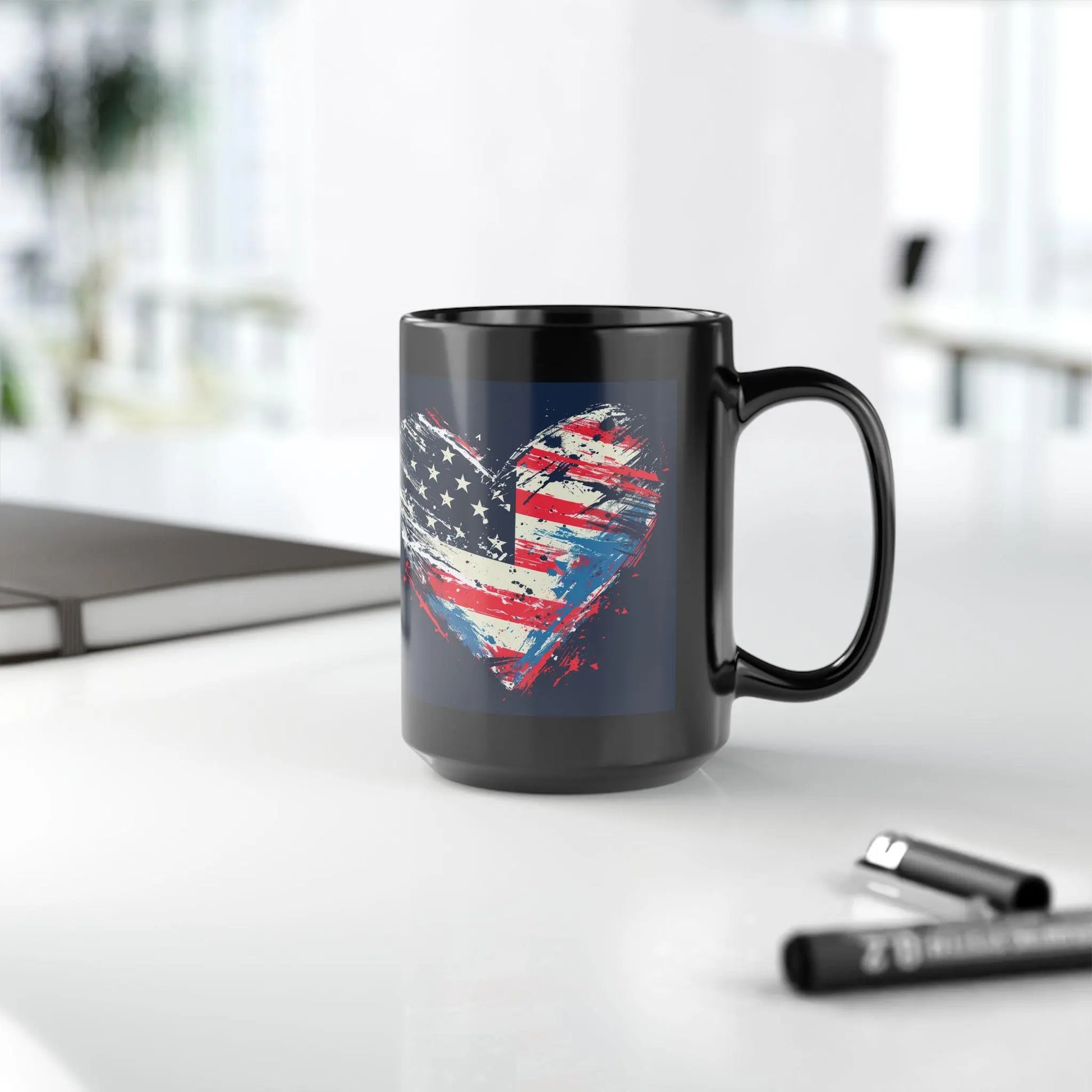 Patriotic Heart Mug: 15oz Black Coffee Cup, USA Flag Design Rainbow Chaos Art Studio