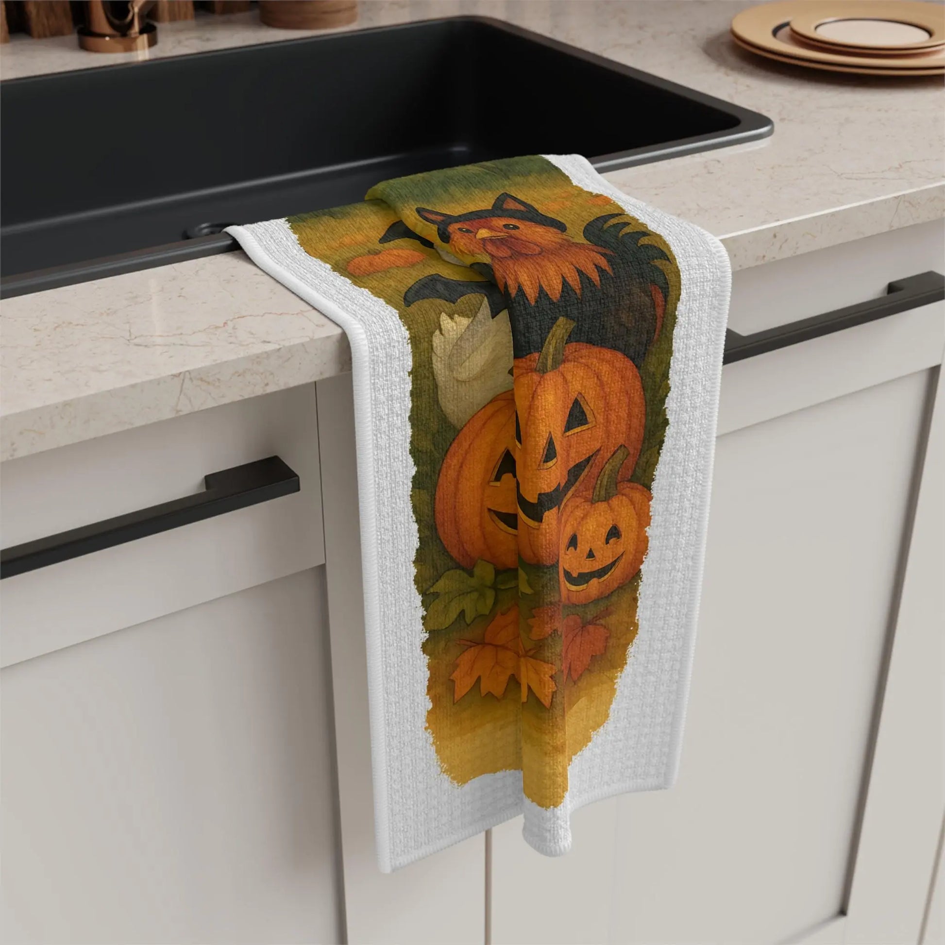Halloween Tea Towel: Festive Pumpkin Patch Microfiber Kitchen Decor Rainbow Chaos Art Studio