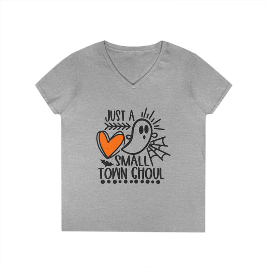 Halloween Ghost Graphic Tee, Just a Small Town Ghoul Shirt, Women's V-Neck T-Shirt, Spooky Season Top, Cute Halloween T-Shirt Printify