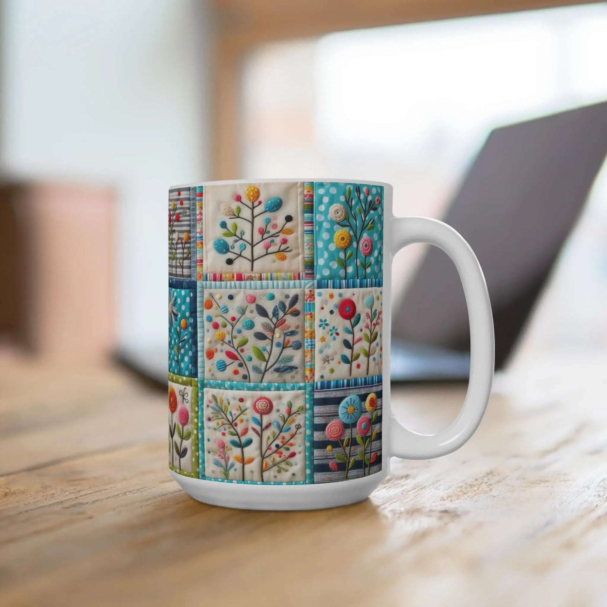 Floral Quilted Coffee Mug: Whimsical Garden Ceramic Tea Cup Rainbow Chaos Art Studio