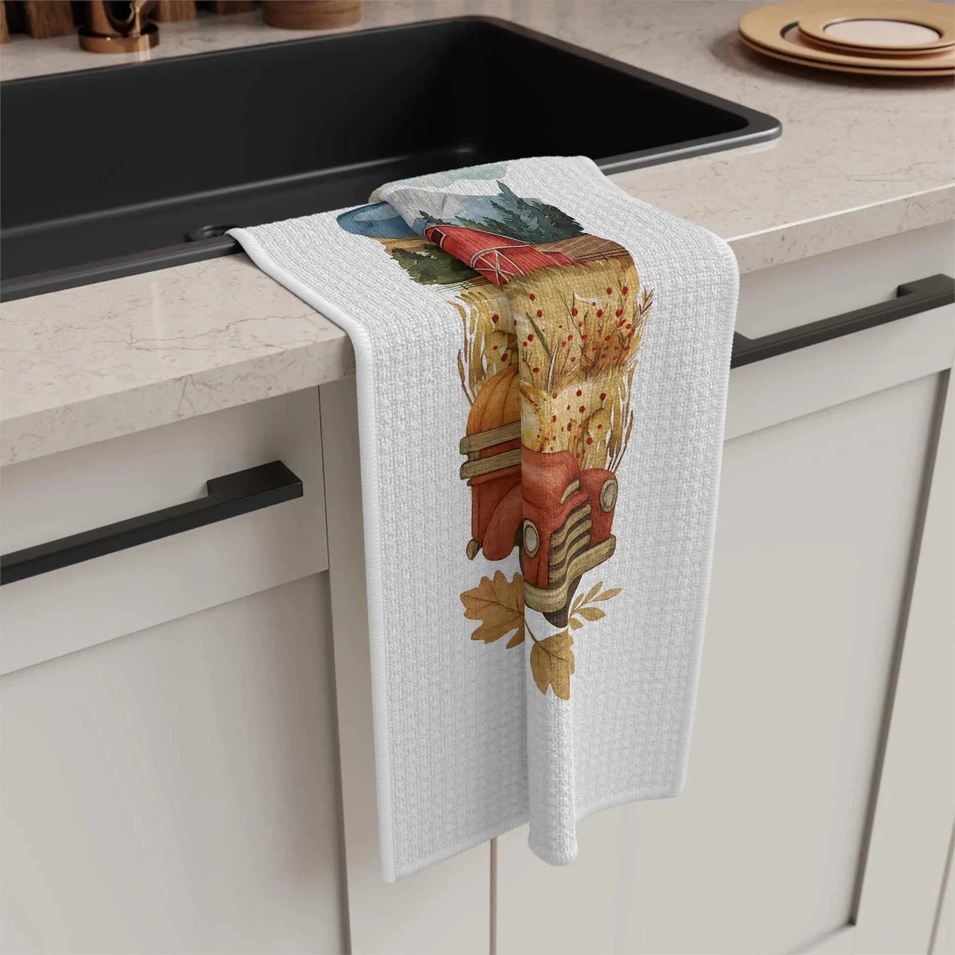 Farm Fresh Pumpkins Microfiber Tea Towel: Rustic Autumn Kitchen Decor Rainbow Chaos Art Studio