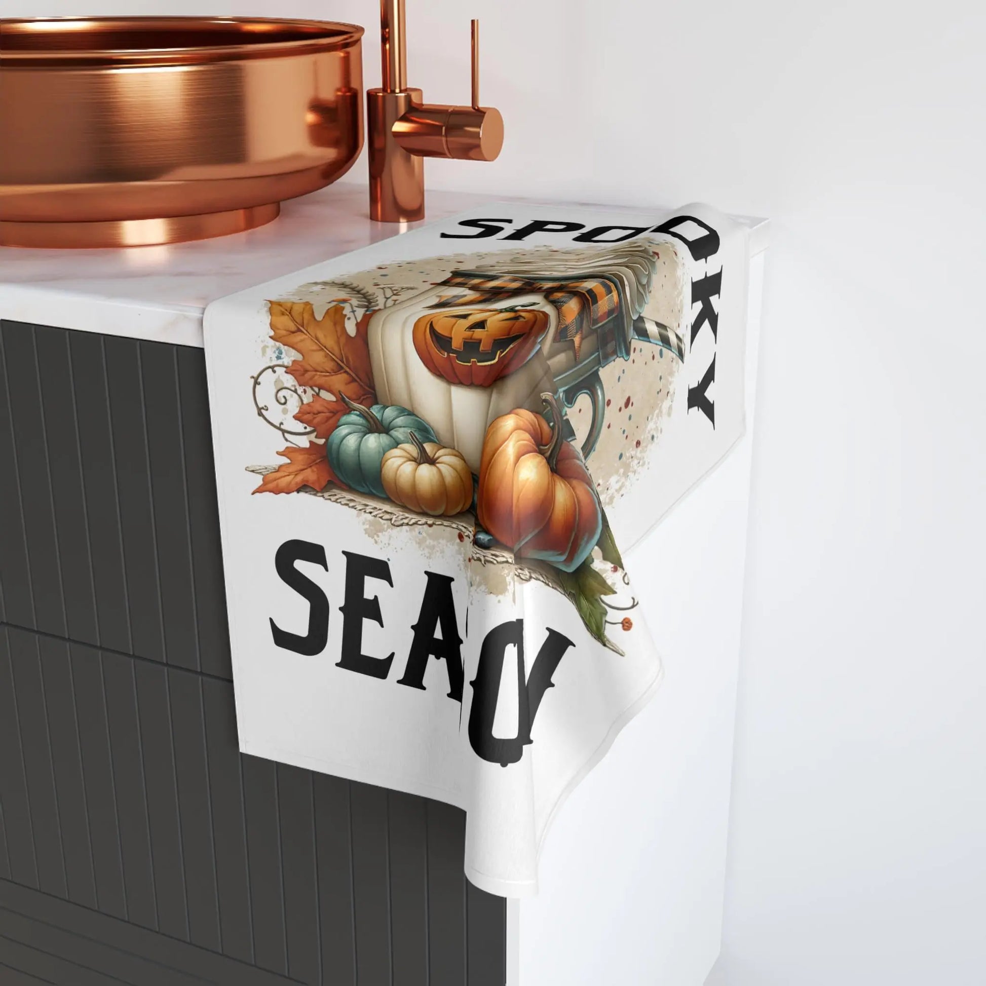 Spooky Season Hand Towel: Halloween Kitchen Decor, Cozy Vibes Rainbow Chaos Art Studio