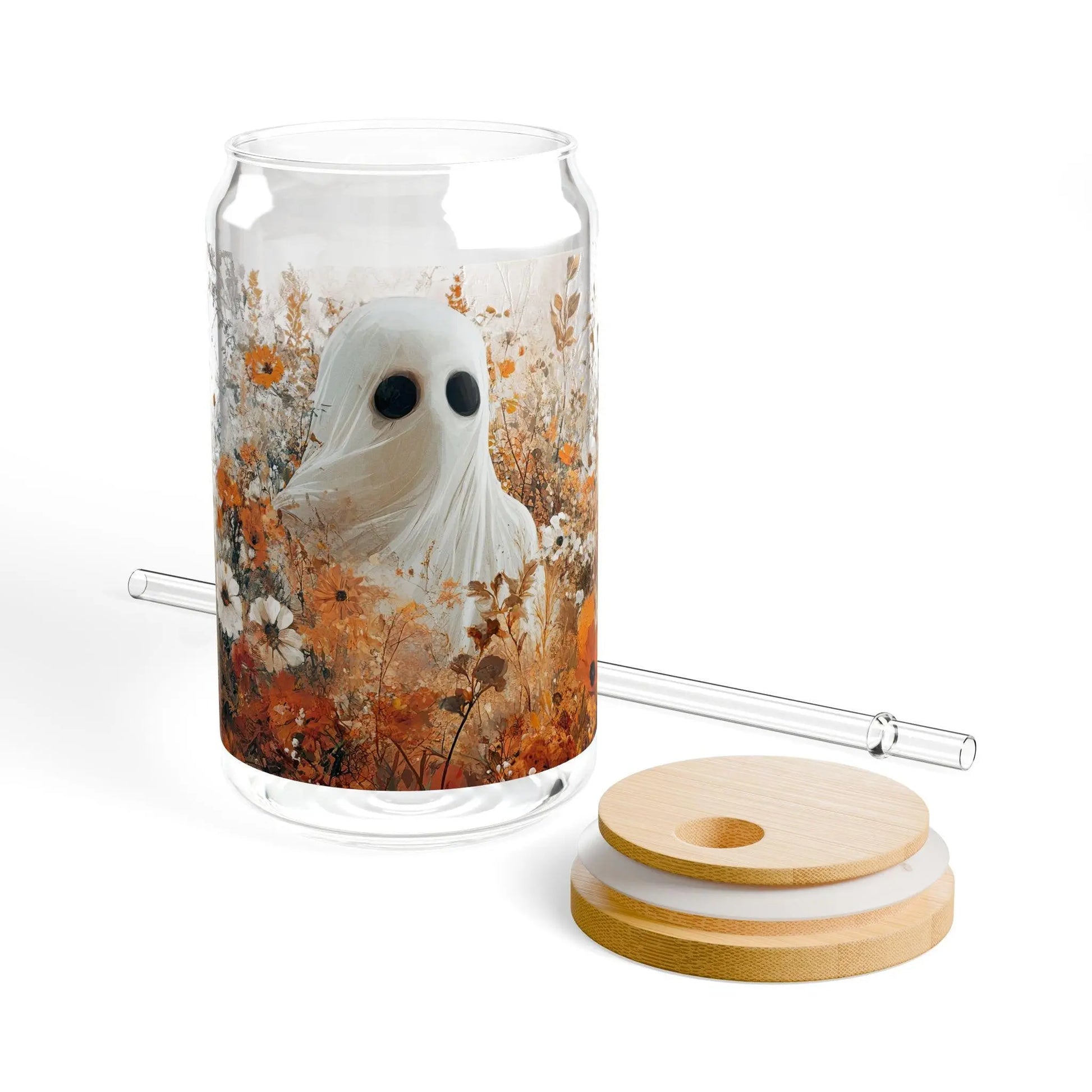 Autumn Ghost Sipper Glass with Straw: Fall Halloween Drinkware Rainbow Chaos Art Studio