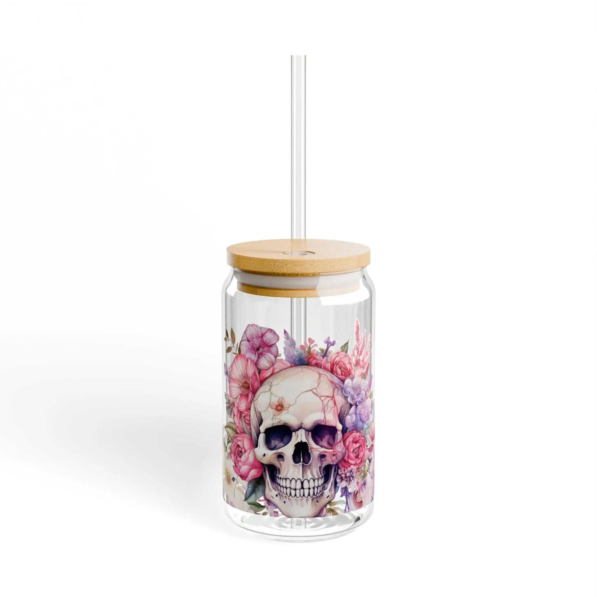 Floral Skull Sipper Glass: 16oz Reusable Drinkware Rainbow Chaos Art Studio