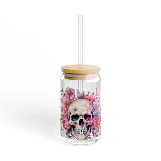 Floral Skull Sipper Glass: 16oz Reusable Drinkware Rainbow Chaos Art Studio
