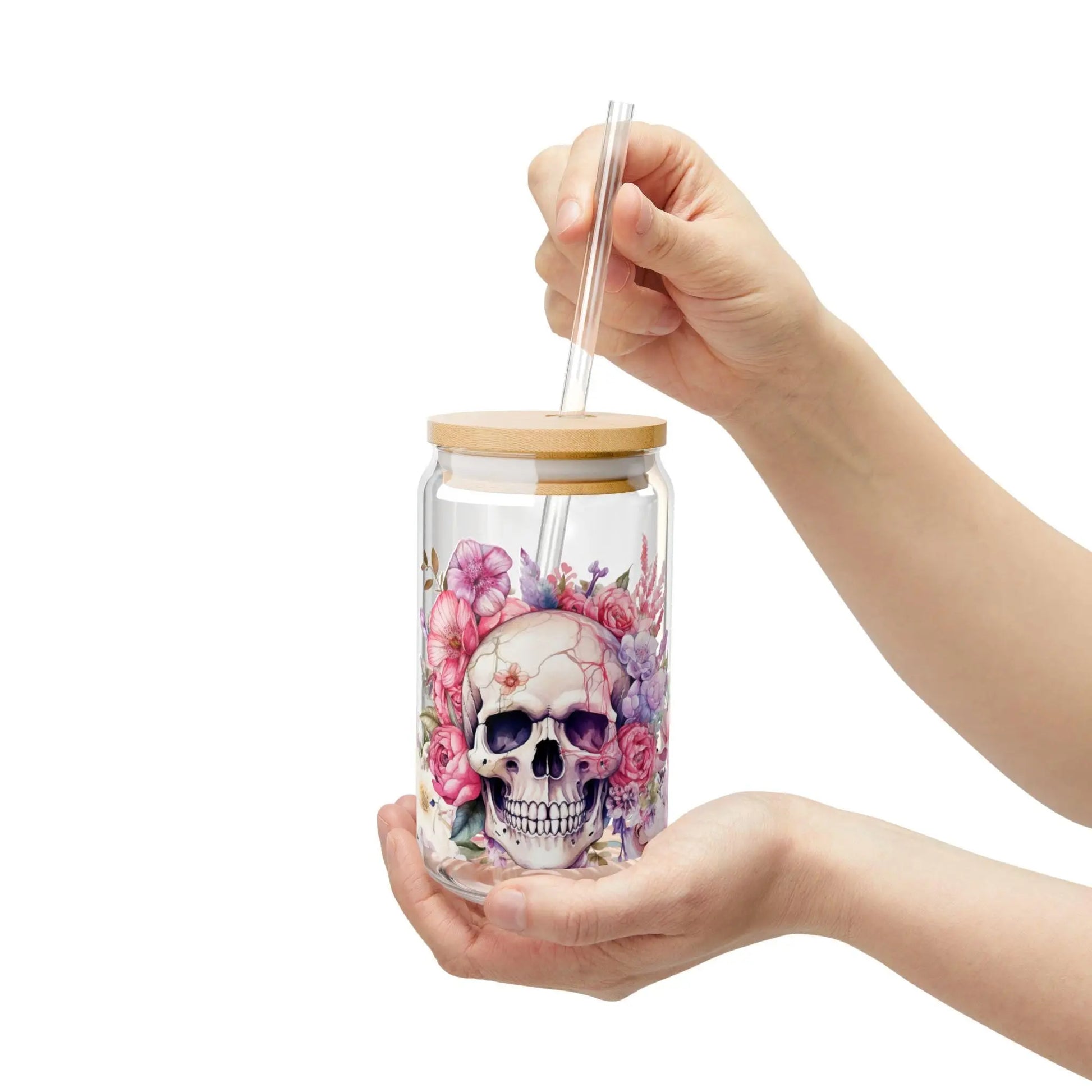 Floral Skull Sipper Glass: 16oz Reusable Drinkware Rainbow Chaos Art Studio