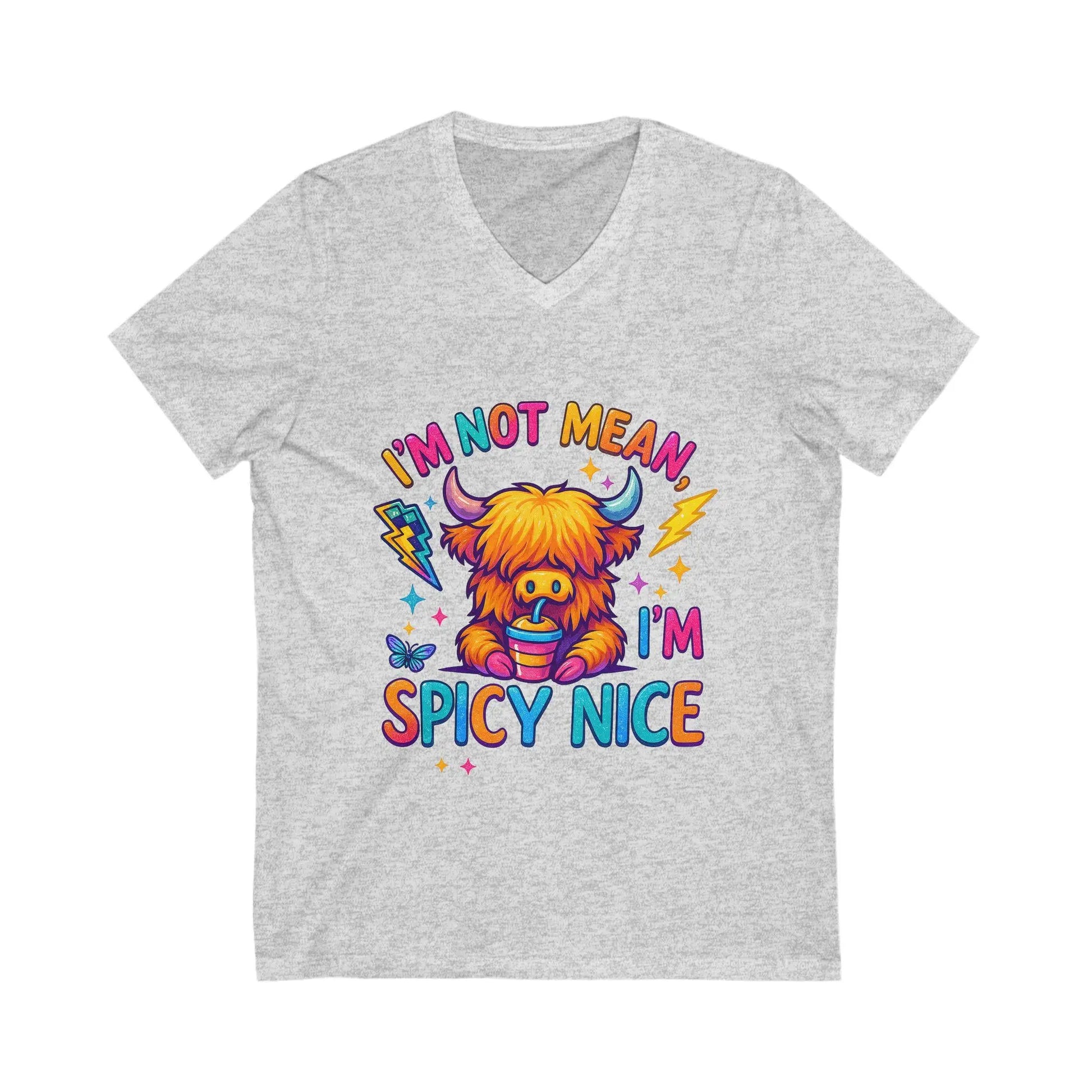 Spicy Nice Graphic V-Neck Tee: Fun Unisex T-Shirt Rainbow Chaos Art Studio