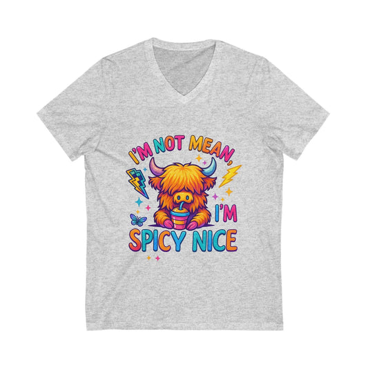 Spicy Nice Graphic V-Neck Tee: Fun Unisex T-Shirt Rainbow Chaos Art Studio