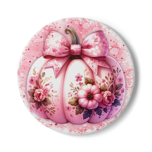 Pink Pumpkin Floral Ceramic Coaster: Fall Home Decor Rainbow Chaos Art Studio