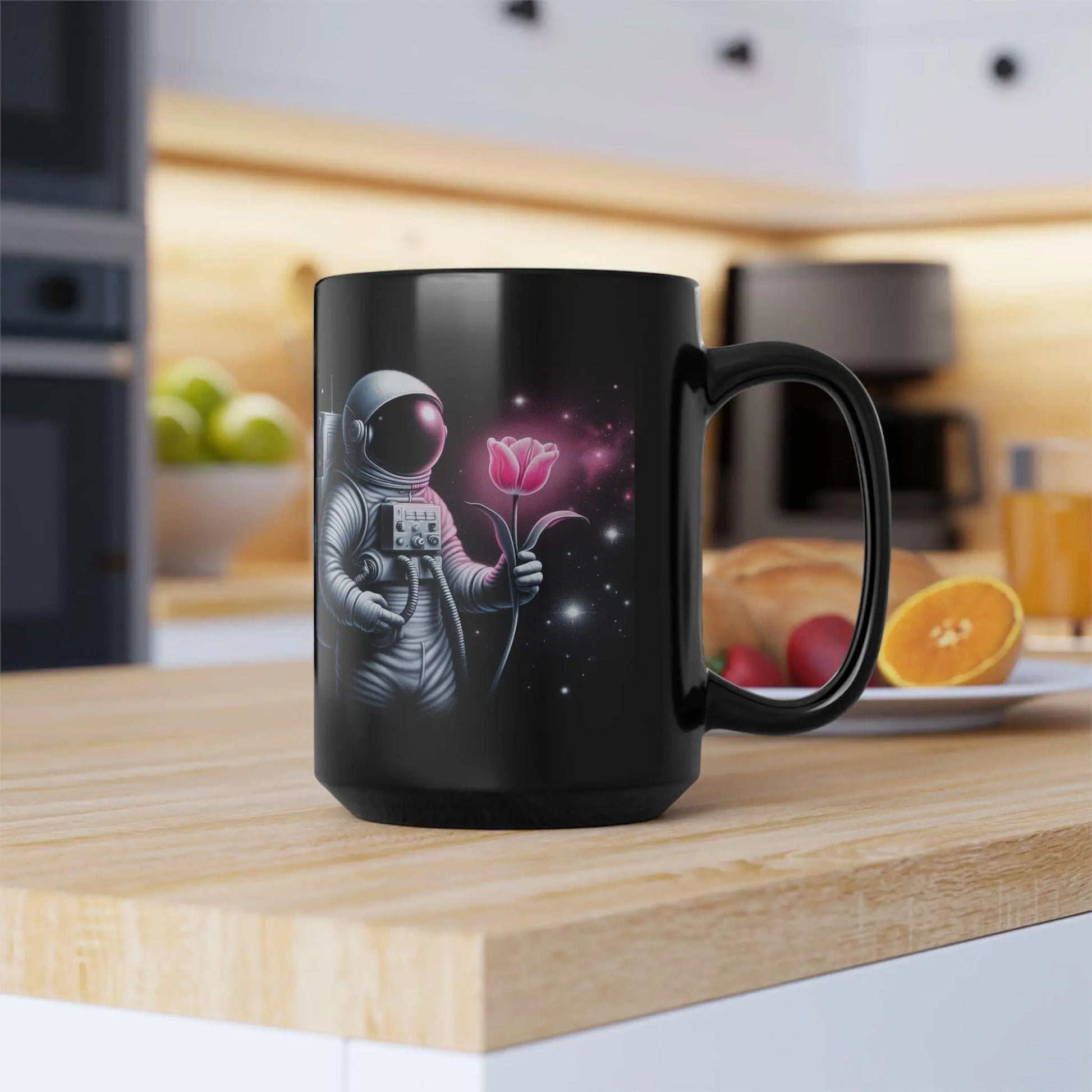 Astronaut Rose Black Mug: Space Coffee Cup, Cosmic Decor Rainbow Chaos Art Studio