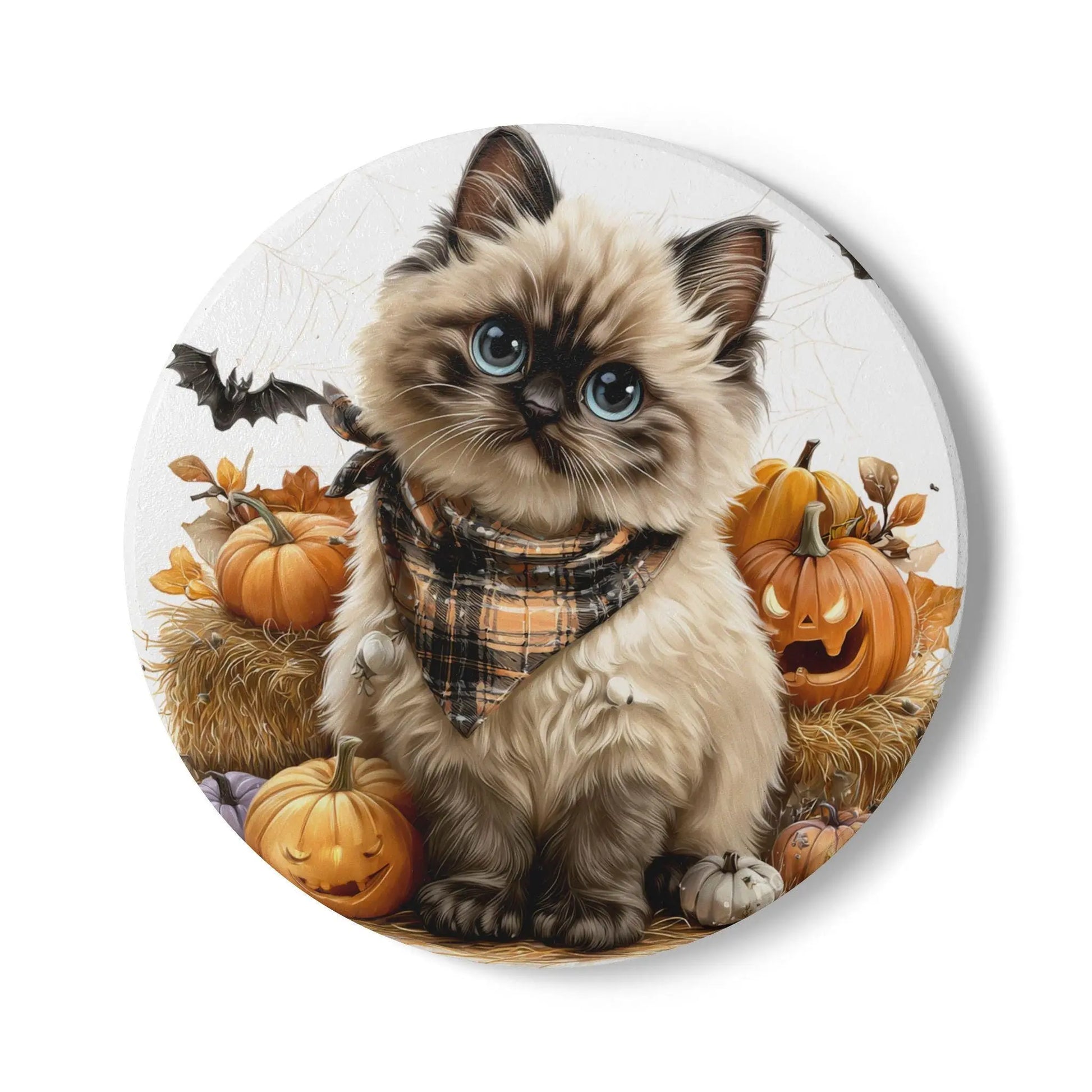 Halloween Cat Ceramic Coaster: Spooky Fall Decor, Pet Lover Gift Rainbow Chaos Art Studio