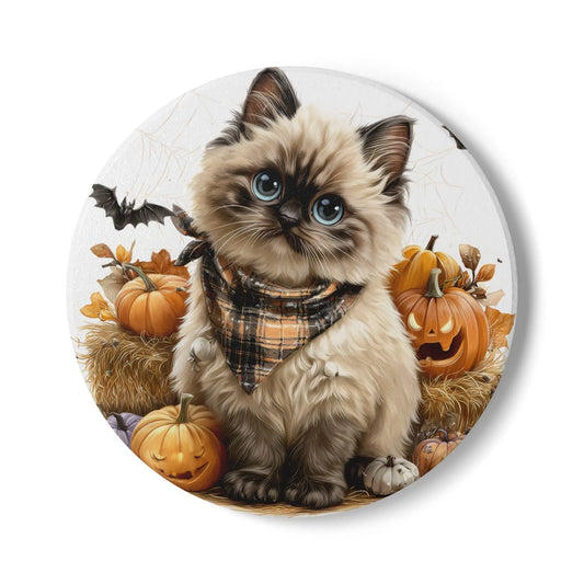 Halloween Cat Ceramic Coaster: Spooky Fall Decor, Pet Lover Gift Rainbow Chaos Art Studio