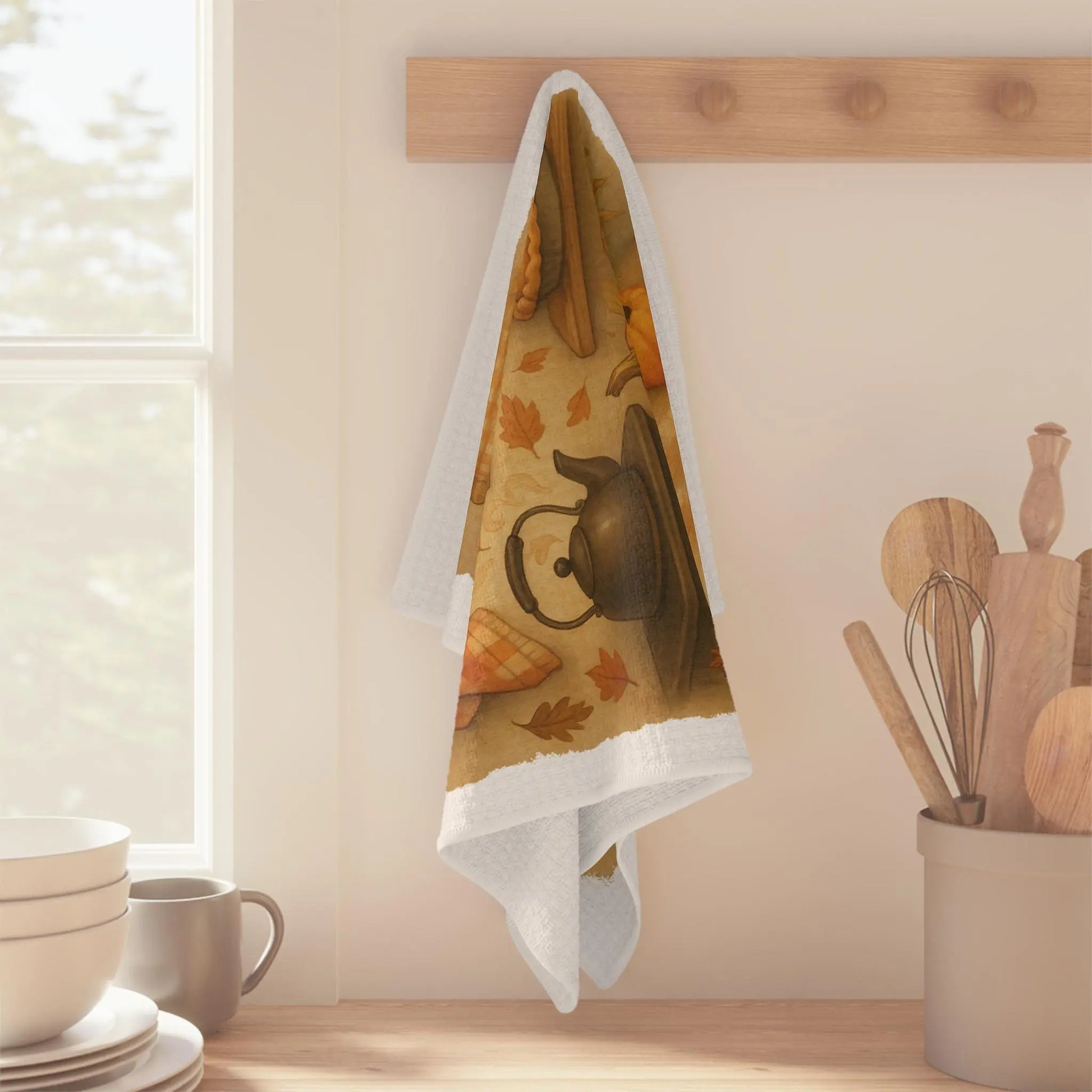 Harvest Hearth Microfiber Tea Towel: Rustic Fall Kitchen Decor Rainbow Chaos Art Studio