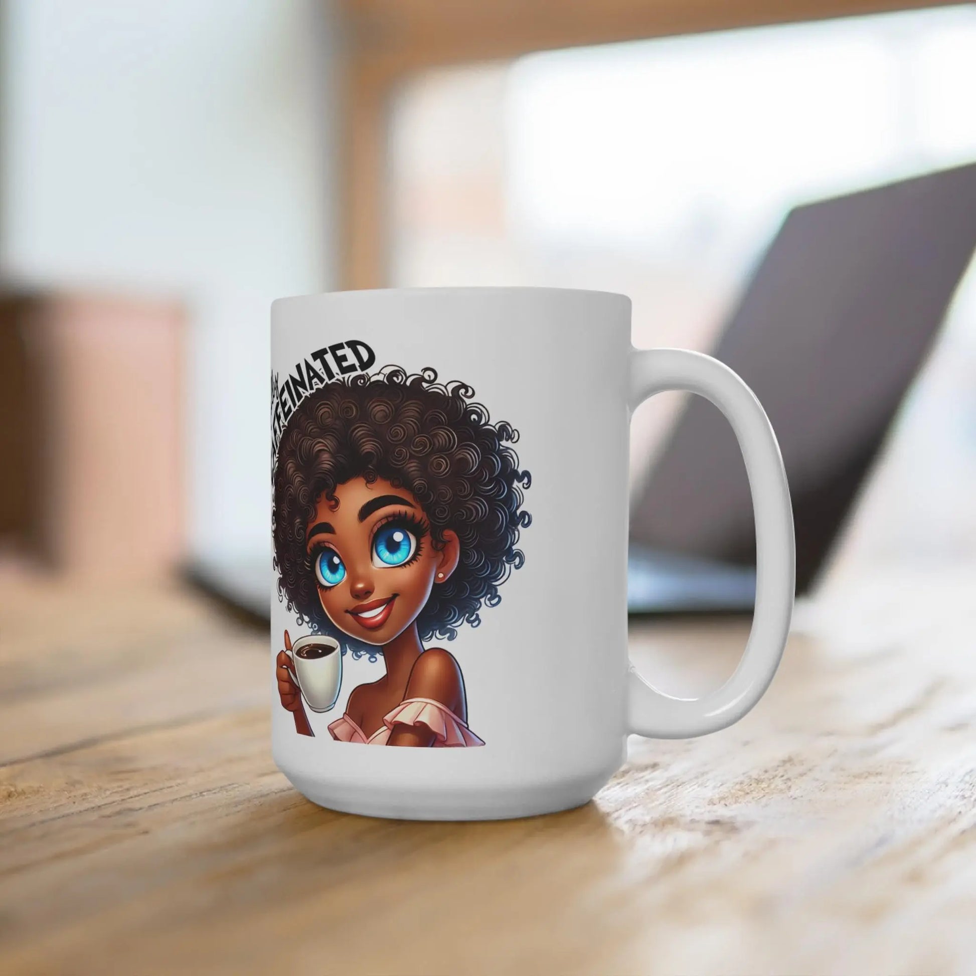 Fully Caffeinated Mug - Cute Character Coffee Cup, Gift for Coffee Lovers, Fun Drinkware, Afro-Beauty Mug, 15oz Tea Mug Rainbow Chaos Art Studio