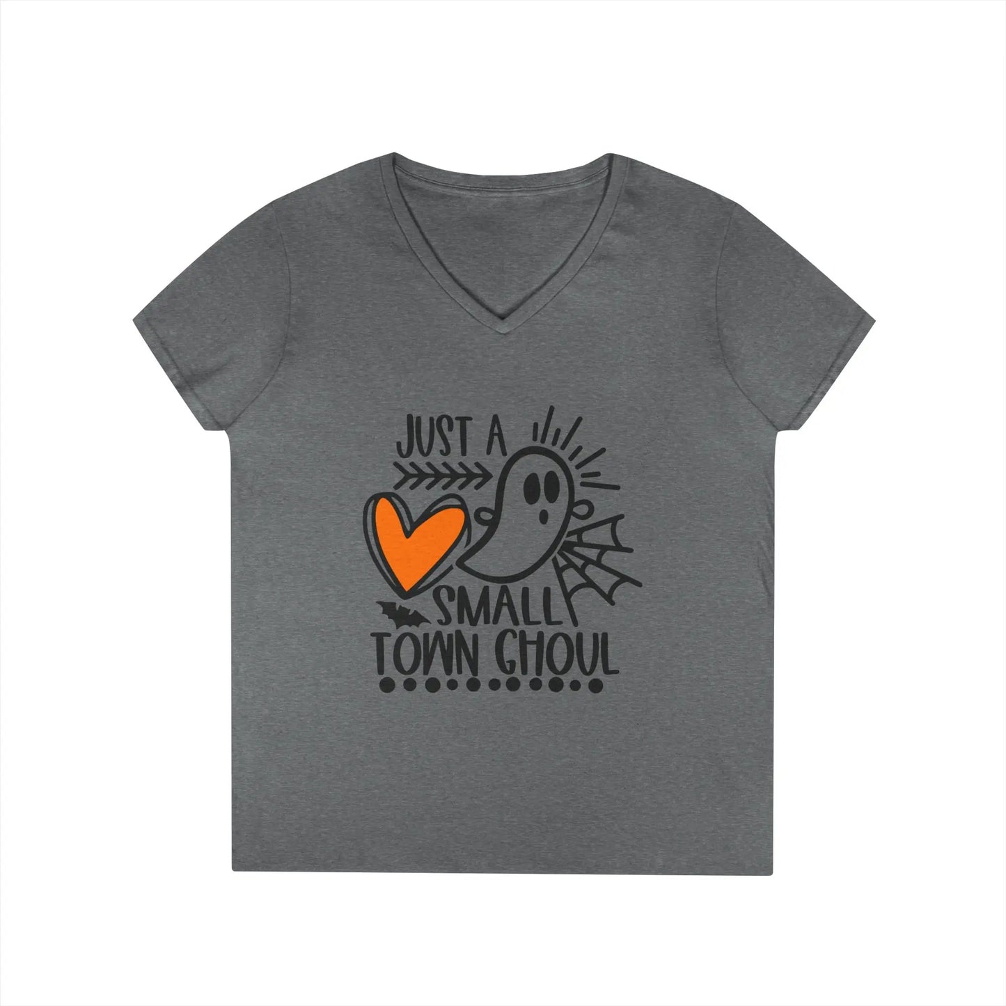 Halloween Ghost Graphic Tee, Just a Small Town Ghoul Shirt, Women's V-Neck T-Shirt, Spooky Season Top, Cute Halloween T-Shirt Printify