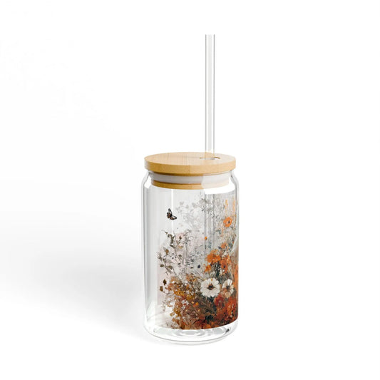 Autumn Ghost Sipper Glass with Straw: Fall Halloween Drinkware Rainbow Chaos Art Studio